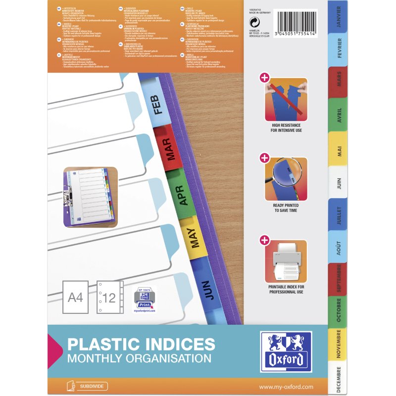 Intercalaire A4 polypropylène coloré OXFORD 12 onglets mensuels multicolores - 1 jeu