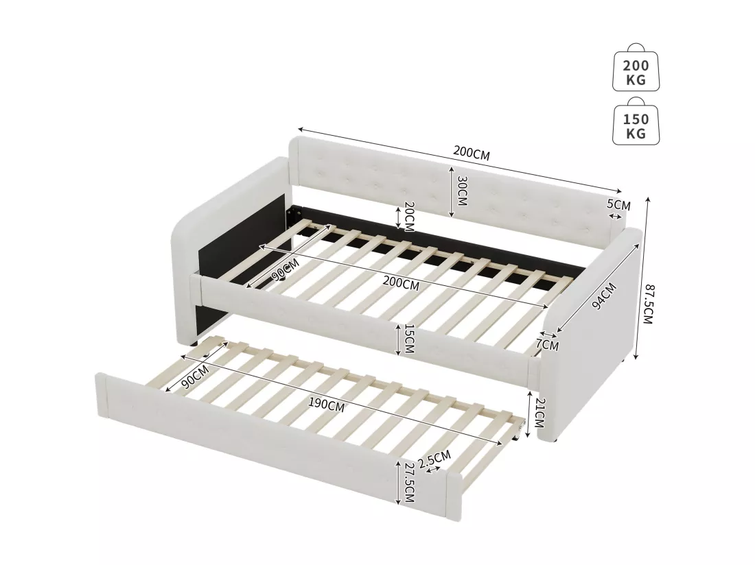 Lit gigogne 90x190/200cm en tissu de lin - avec sommier à lattes - Beige clair