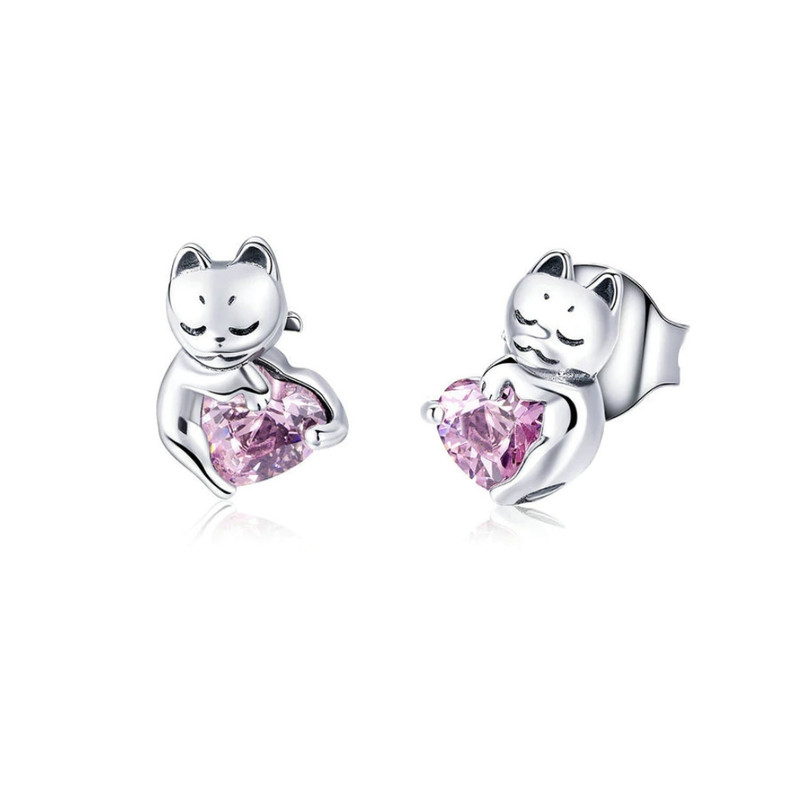 Boucles d'oreilles Femme Chat orné de Cristal de Swarovski Rose et Argent 925
