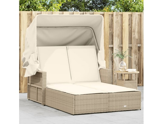 VIDAXL - Bain de soleil Chaise longue double avec auvent et coussins beige poly roti...