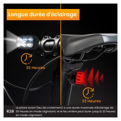 Paire d'Eclairages R2B Eclairage Vélo Avant et Arrière Rechargeables USB-C Blanc et Rouge