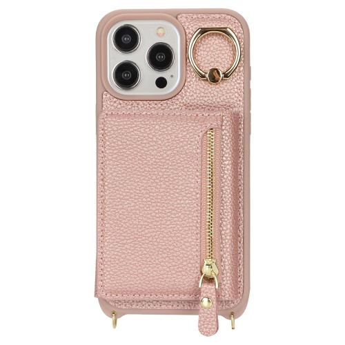 iPhone 14 Pro Necklace Leder Hülle mit Münzfach und Kartenfächer   Finger Griff Halterung   Handykette - Roségold