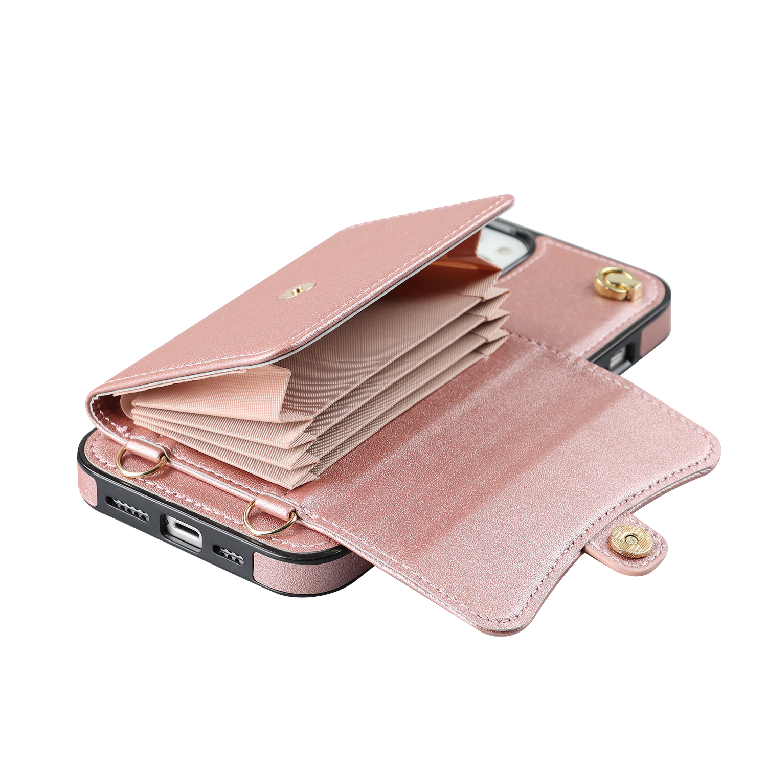 iPhone 14 / iPhone 13 Necklace Leder Schutz Hülle mit Kartenfach   Handykette (140cm) - Roségold