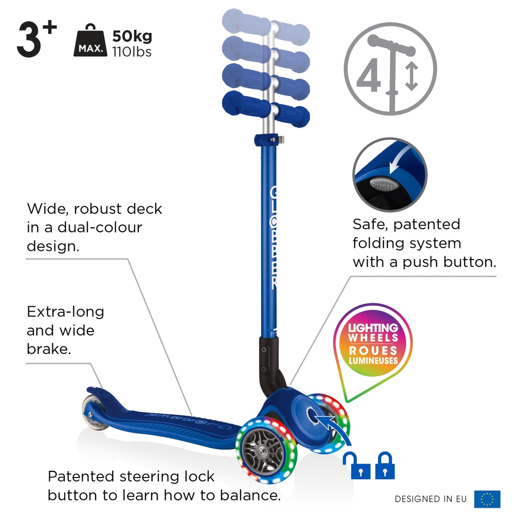 Globber PRIMO Faltbarer Scooter mit Beleuchtung, Marineblau