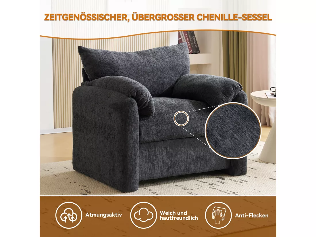 Fauteuil Moderne en Chenille, Canapé Décoratif de Grande Taille, Chaise de Salon et Chambre, Fauteuil Individuel, avec Coussins et Structure en Bois