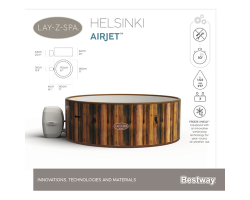 Bestway® LAY-Z-SPA® Helsinki AirJet™ opblaasbare hottub met 180 luchtjets, multifunctionele pomp, geïntegreerde verwarmingsfunctie en afsluitbare thermische afdekking, bruin