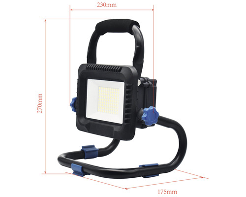 LED-werklamp op accu IP54, draagbaar, 50W, 4800 lm, 6500 K, daglichtwit, 230 x 255 x 145 mm, zwart