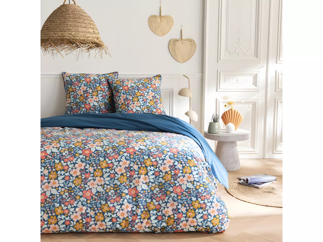 Parure de lit 2 personnes en coton 57 fils imprimé bleu 260x240cm