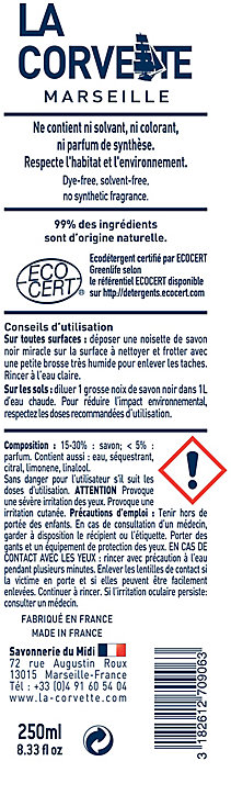 Savon noir La Corvette Savonnerie du midi miracle à l’huile d’olive 250ml
