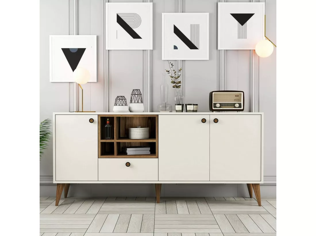 Buffet Dmariniell, Buffet du salon, Commode de salon, Garde-manger de cuisine, 180x35 h81 cm, Crème