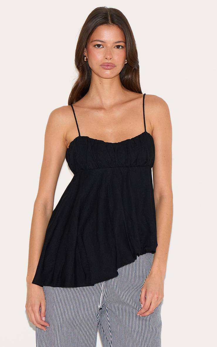 Noir Caraco Asymétrique En Mélange De Lin Avec Détails Bouffants