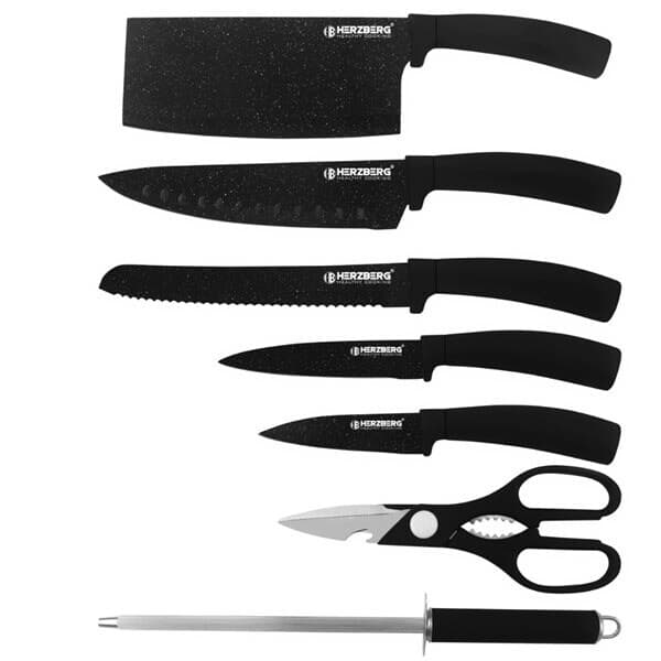 Herzberg knivsæt med 5 knive og akrylstativ i sort marmor