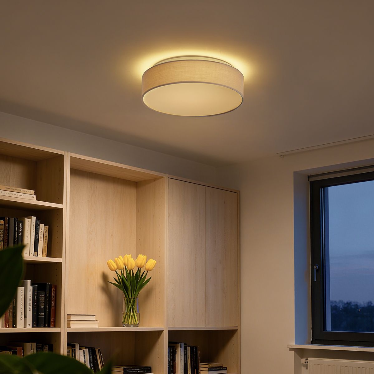 Smart plafondlamp beige 35cm incl. LED en afstandsbediening - Flat drum