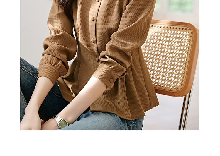Jeonseon - Blouse met lange mouwen, V-hals en effen peplum