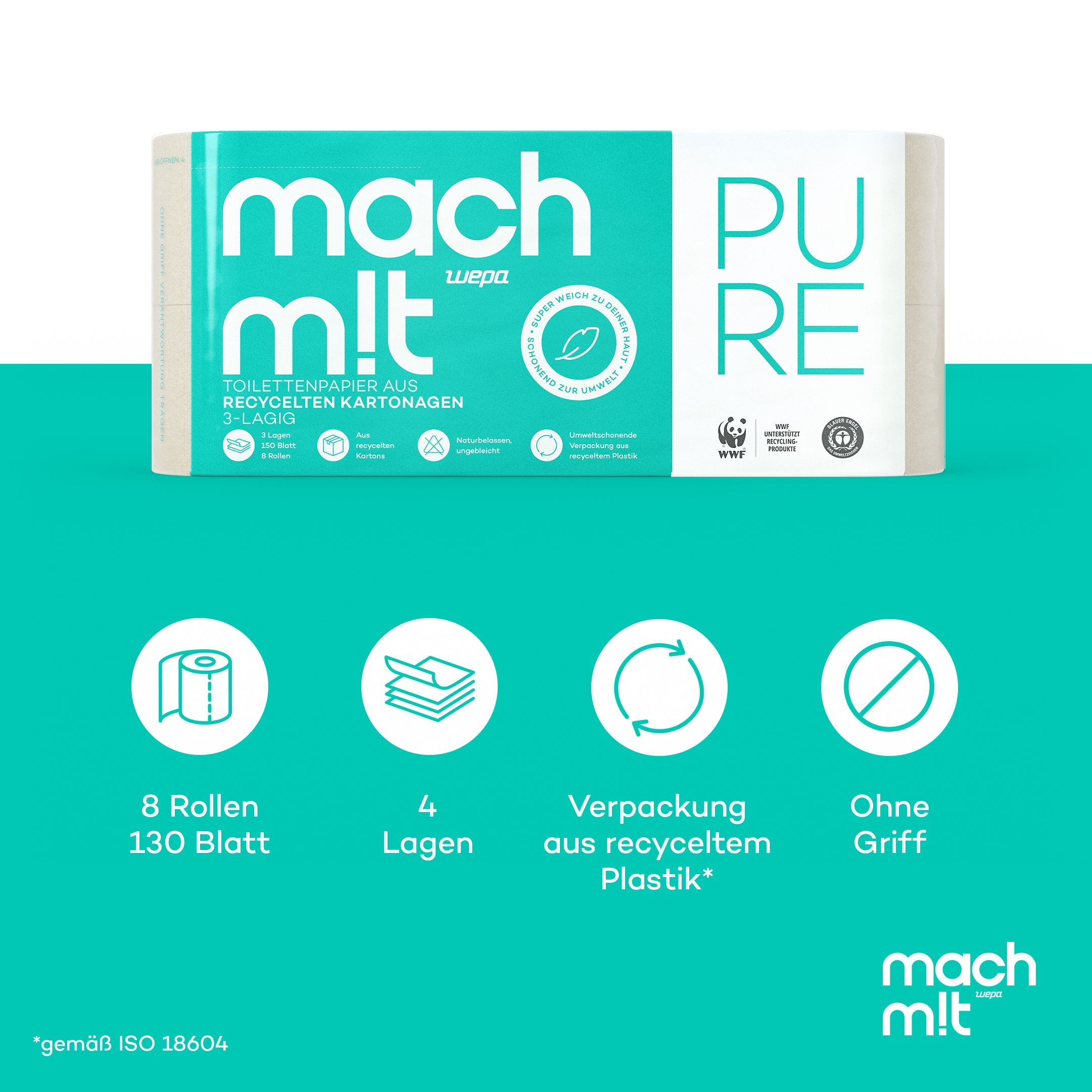 mach m!t PURE Toilettenpapier 3-lagig aus recyceltem Karton