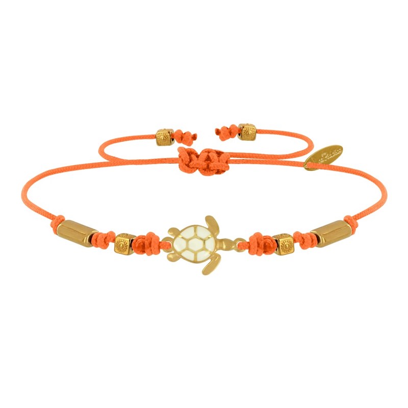 Bracelet Lien Laiton Doré Tortue Émaillé Blanche - Orange