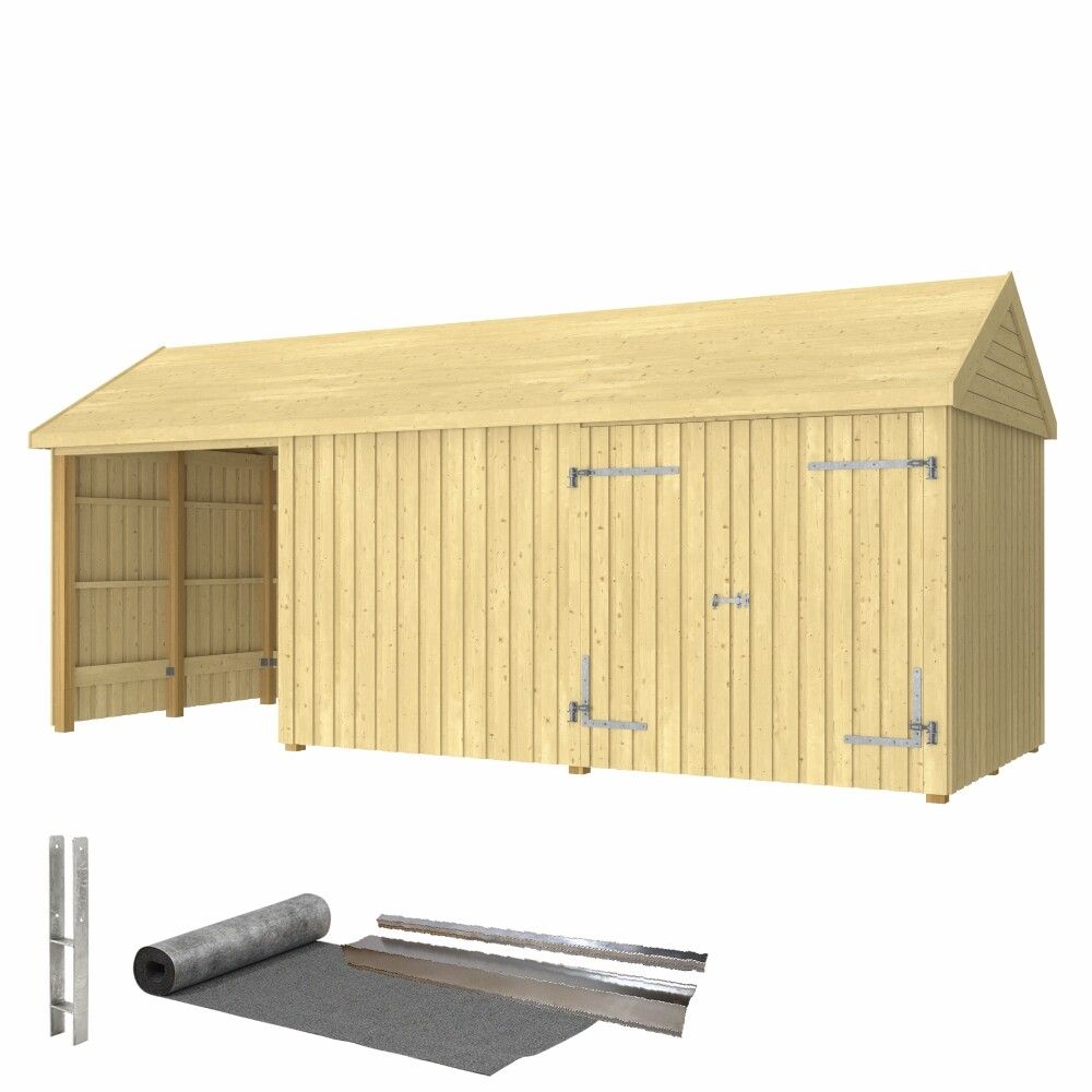 REDSKAPSBOD PLUS CLASSIC MULTI GARDEN DOBBELDØR OG ÅPEN/STENGT FRONT INKL. TAKPAPP/ALUMINIUMLISTER/STOLPEFØTTER UBEHANDLET 14,5M²
