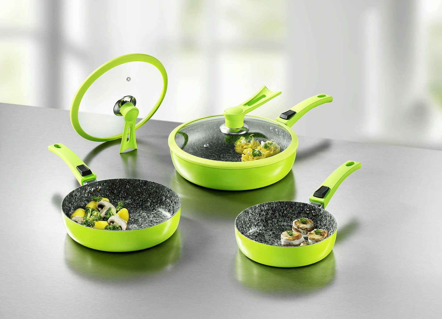 Profi-Pfannen-Set, 7-teilig, mit innovativen Standdeckeln