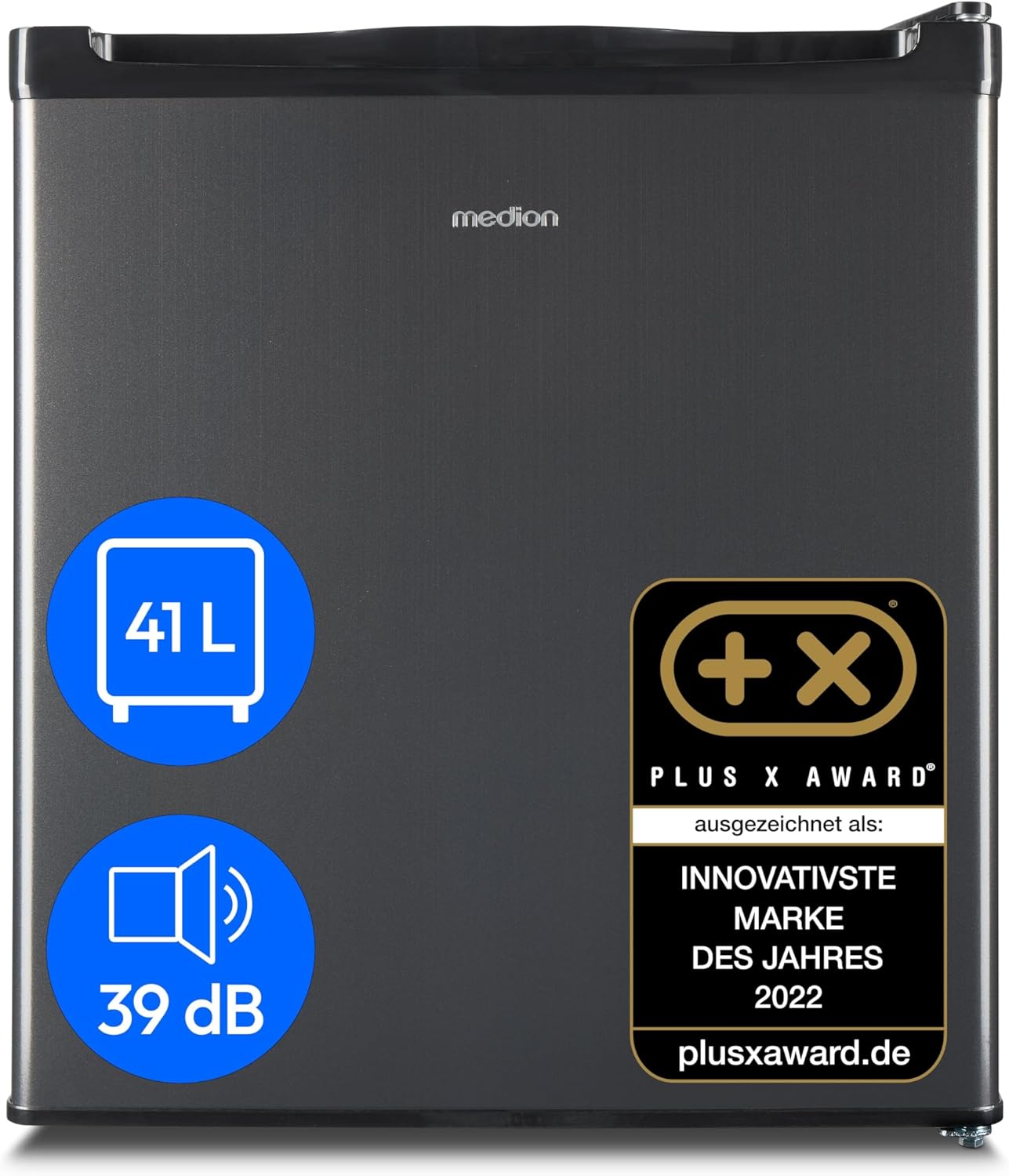 MEDION mini Kühlschrank mit Gefrierfach (klein, leise, 41L kleiner Kühlschrank für Büro Hotels Minibar Camping Gaming, Getränkekühlschrank, Speisen & Eis, Türanschlag wechselbar, MD37724) grau