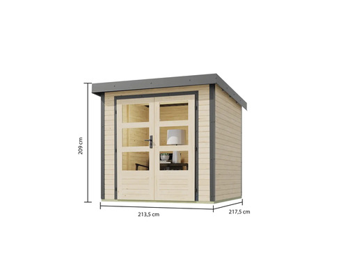 Karibu Metalwood tuinhuis, plaatstaal, stofgrijs, 228,4 x 236,5 cm, naturel