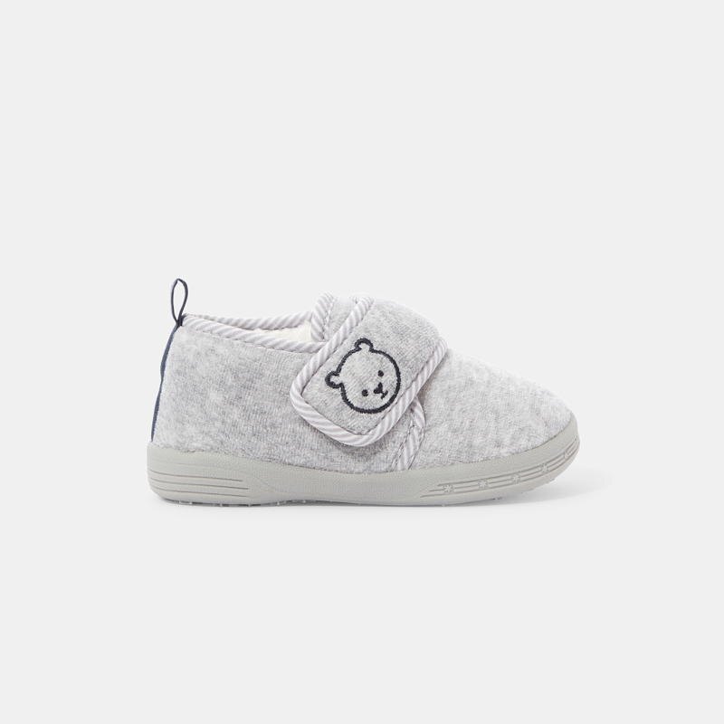 Chaussons chauds velours broderie ourson gris bébé garçon Gris ou noir