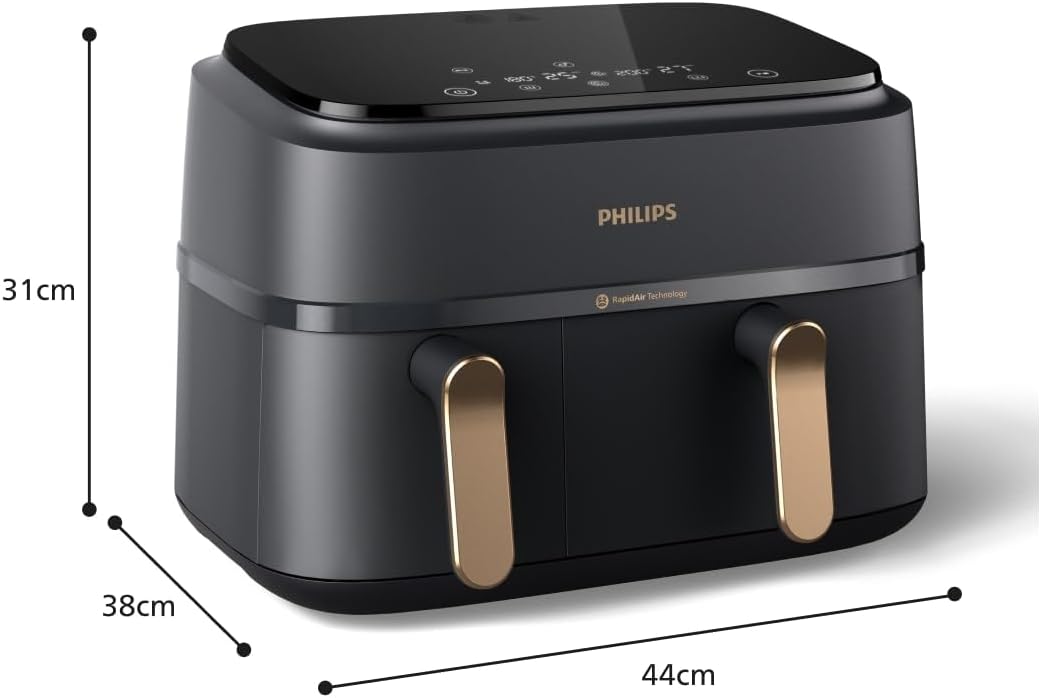 Philips Airfryer Dual Basket 3000 Series Heißluftfritteuse, 9L, 2 Körbe, 2 Gerichte gleichzeitig, RapidAir Plus Technologie, 90% weniger Fett, Energieeffizient, HomeID App (NA352/00)
