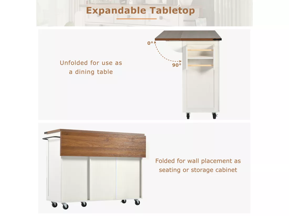 Ilot central de cuisine - avec plateau escamotable - 2 portes et 3 tiroirs - Beige