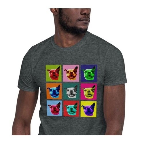 Camiseta masculina Mascochula, estilo Warhol, personalizada com seu animal de estimação, cinza escuro.