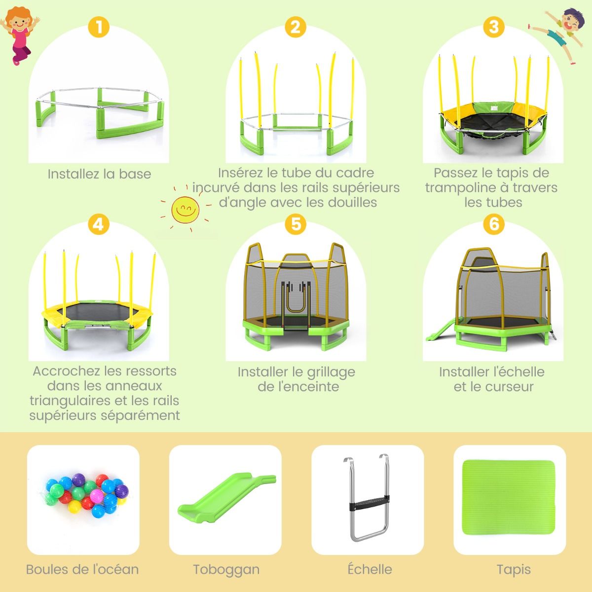 Trampoline Extérieur Ø 223cm avec Toboggan&Echelle avec Filet de Sécurité 2 Portes en U Charge 270kg pour 2-3 Enfants de 3 Ans+ Bleu/Vert - Lidl-Manfred