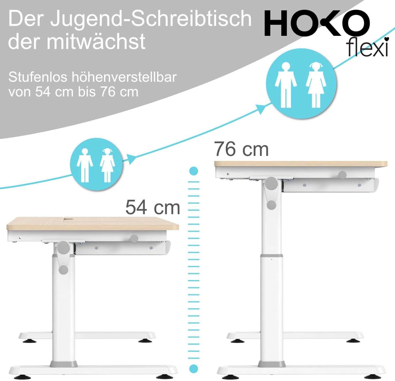 HOKO Kinderschreibtisch, Höhenverstellbar Kinderschreibtische 120x60 cm, Schreibtisch Kinder ab 6 Jahren, neigbare Tischplatte mit Schubladen, 100kg Belastbarkeit, Verstellbar von 54-76cm (Holz,CELIN)