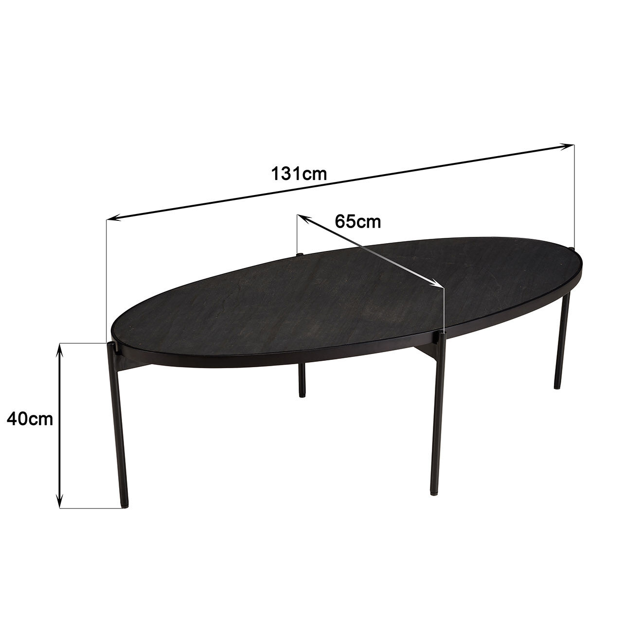 Macabane Table basse ovale effet pierre pieds métal Basile noire - 131x65x40 cm
