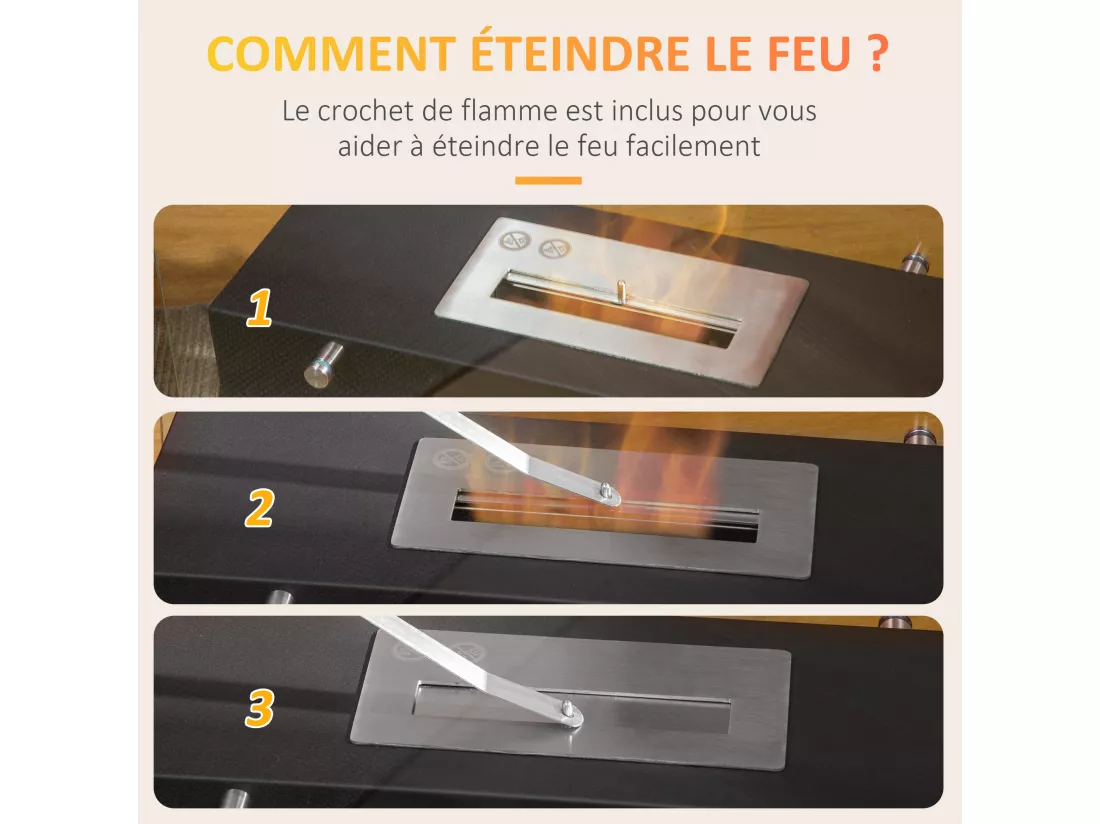 Cheminée à poser bioéthanol en métal et verre trempé avec réservoir 1,5 L couverture 25 m² - dim. 60L x 26l x 50H cm