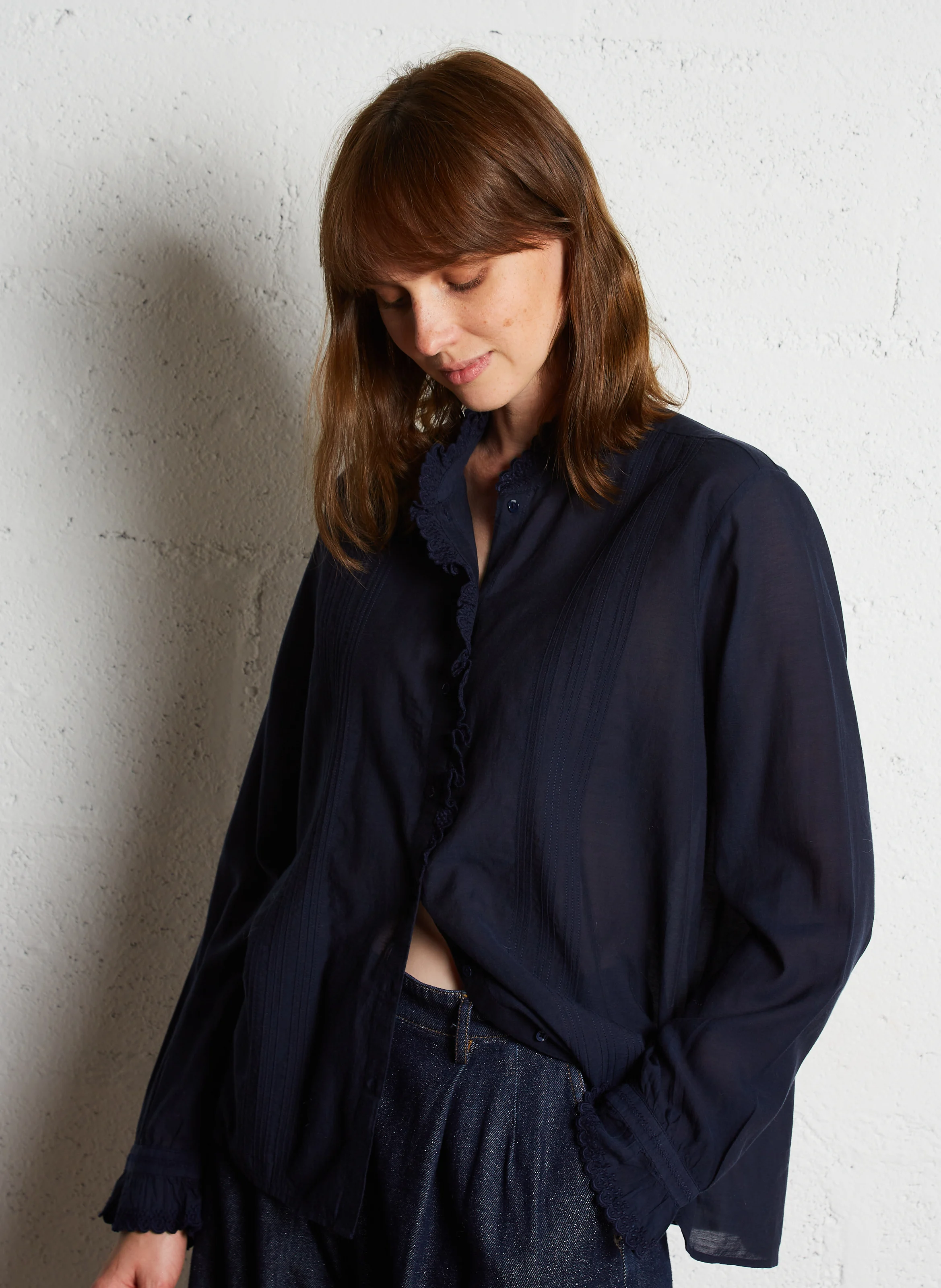 ETHEL - Blouse droite brodée en coton mélangée | Bleu