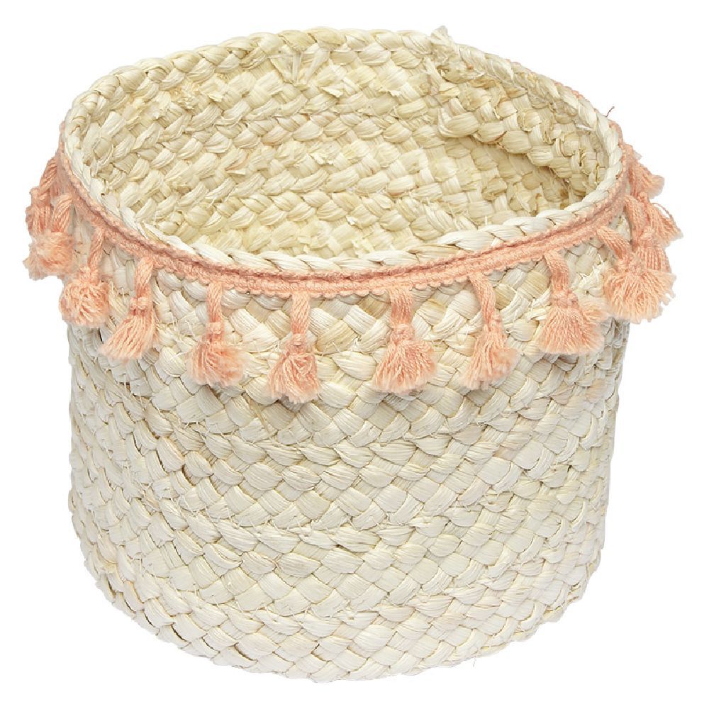 Panière ronde en jonc naturel avec pompons orange Ø19 cm