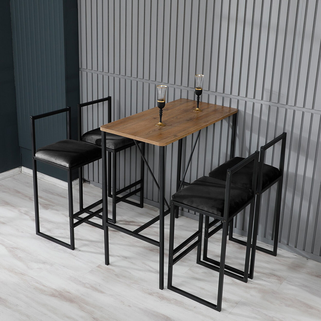 Homitis Table haute + 4 Tabourets de bar Nordic noyer/noir