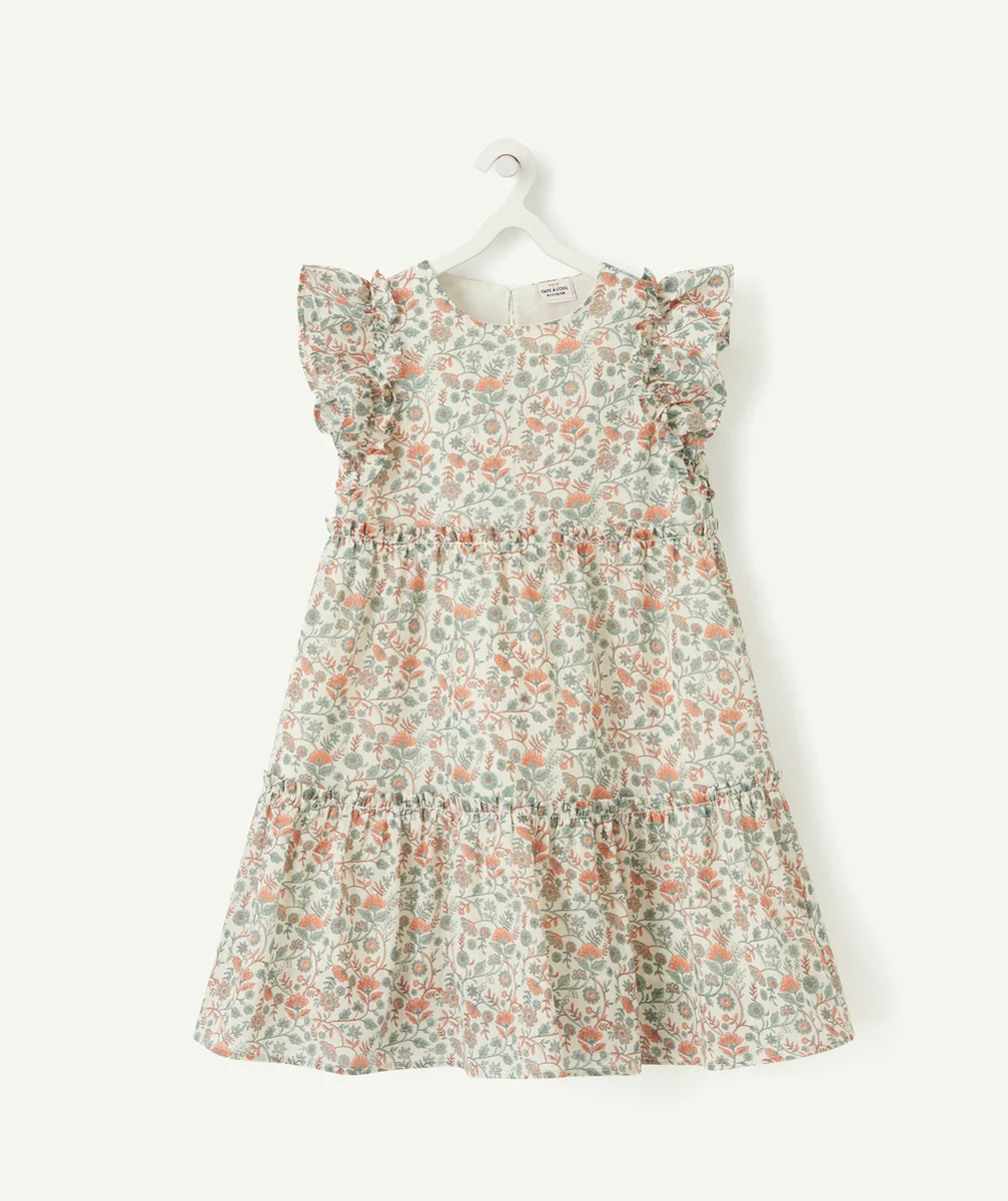 ROBE LONGUE ÉCRUE À VOLANTS FILLE IMPRIMÉ FLEURI ET LISERÉS COULEUR DORÉE
