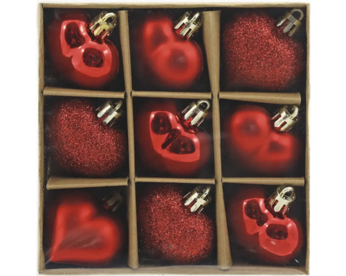 Kerstboomversiering, hartjes, kunststof, 4,5 cm, set van 9, rood