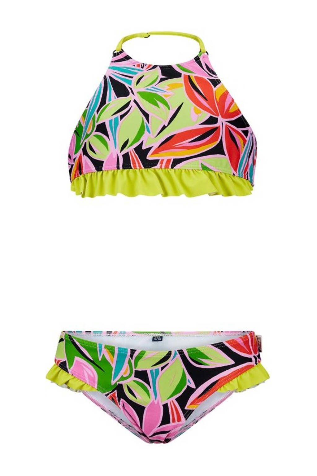 crop bikini Bettina met ruches zwart/limegroen/roze