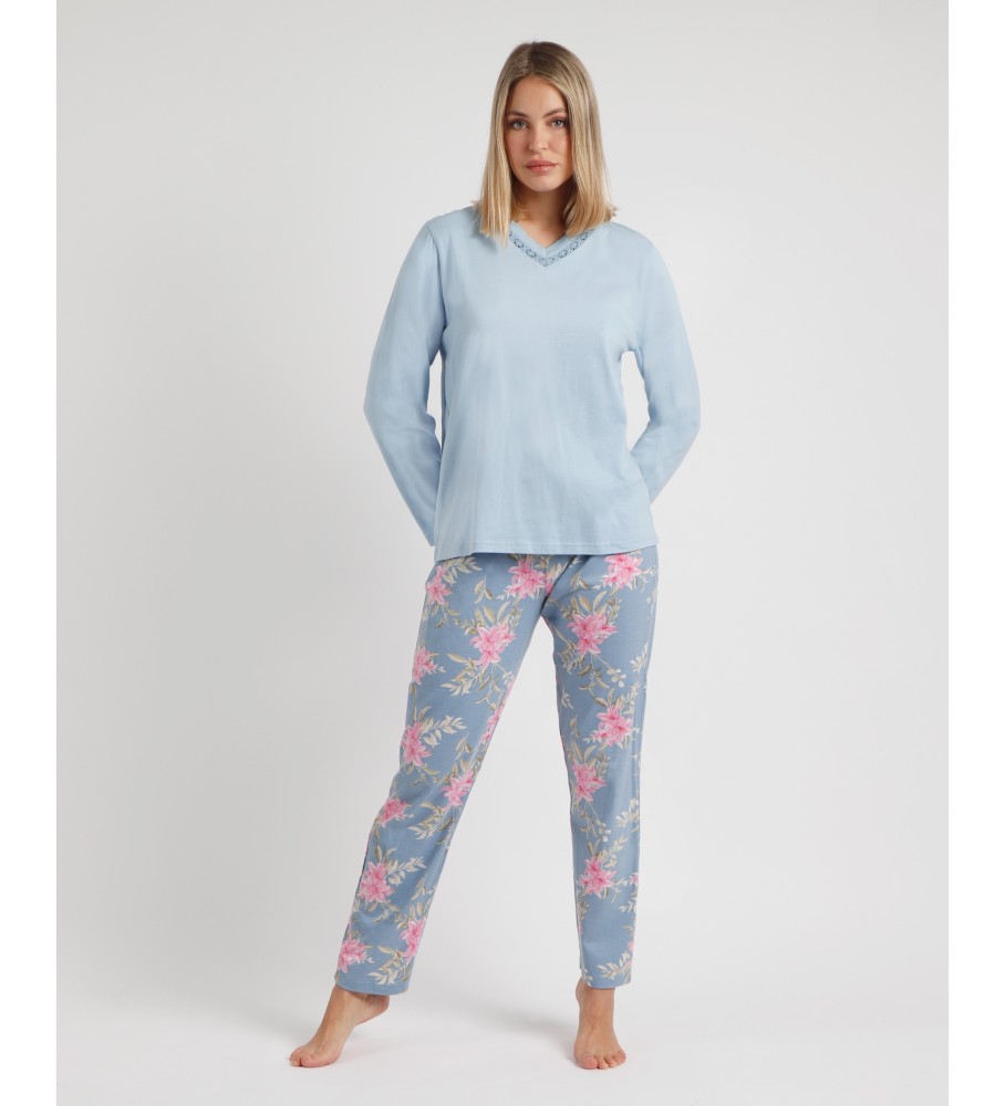Pijama de manga comprida Admas com flores rosa e azul