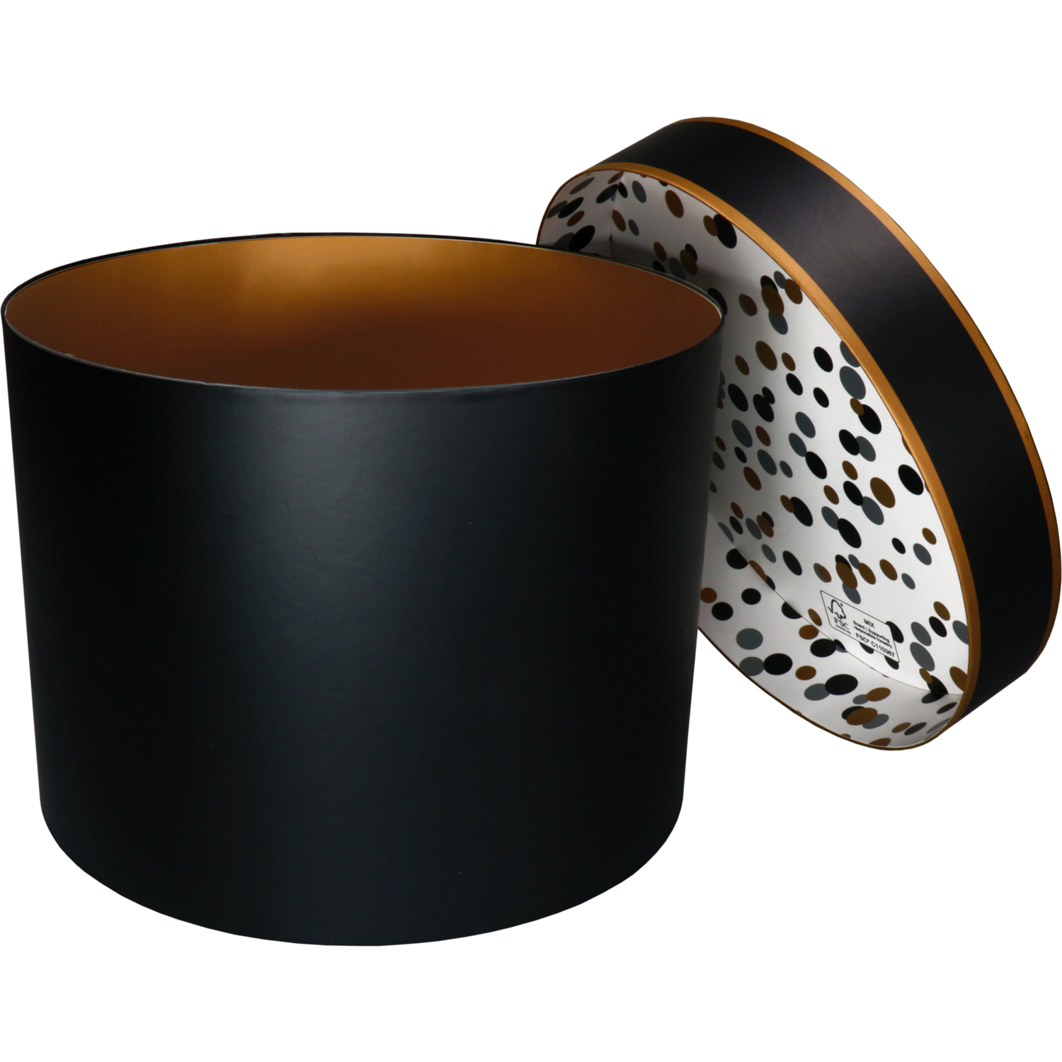 Geschenkdoos, Confetti, karton + PP, 22cm, Ø30cm, zwart/goud