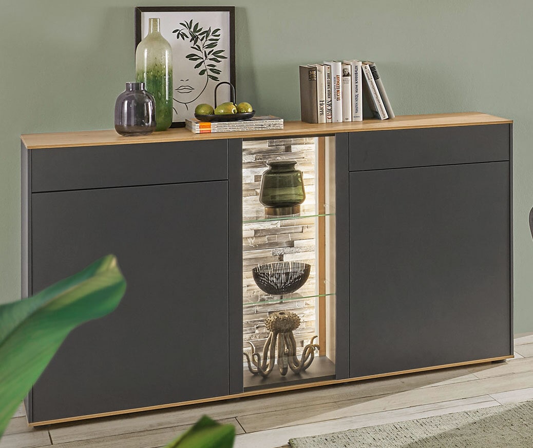 Sideboard Como 169x90x42 cm Anthrazit matt lack / Asteiche-Dekor