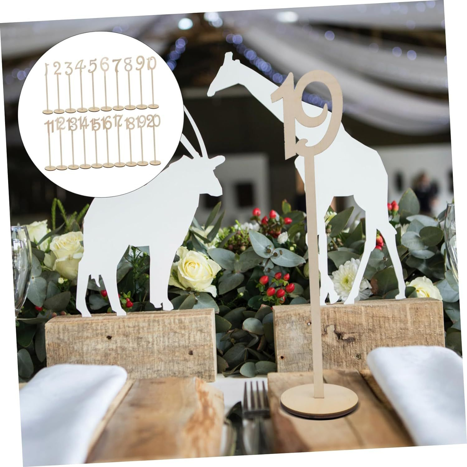 (20er Set) 34x8cm Holz Tischnummern Deko Zahlen Tisch Schilder für Hochzeit / Geburtstage - Braun
