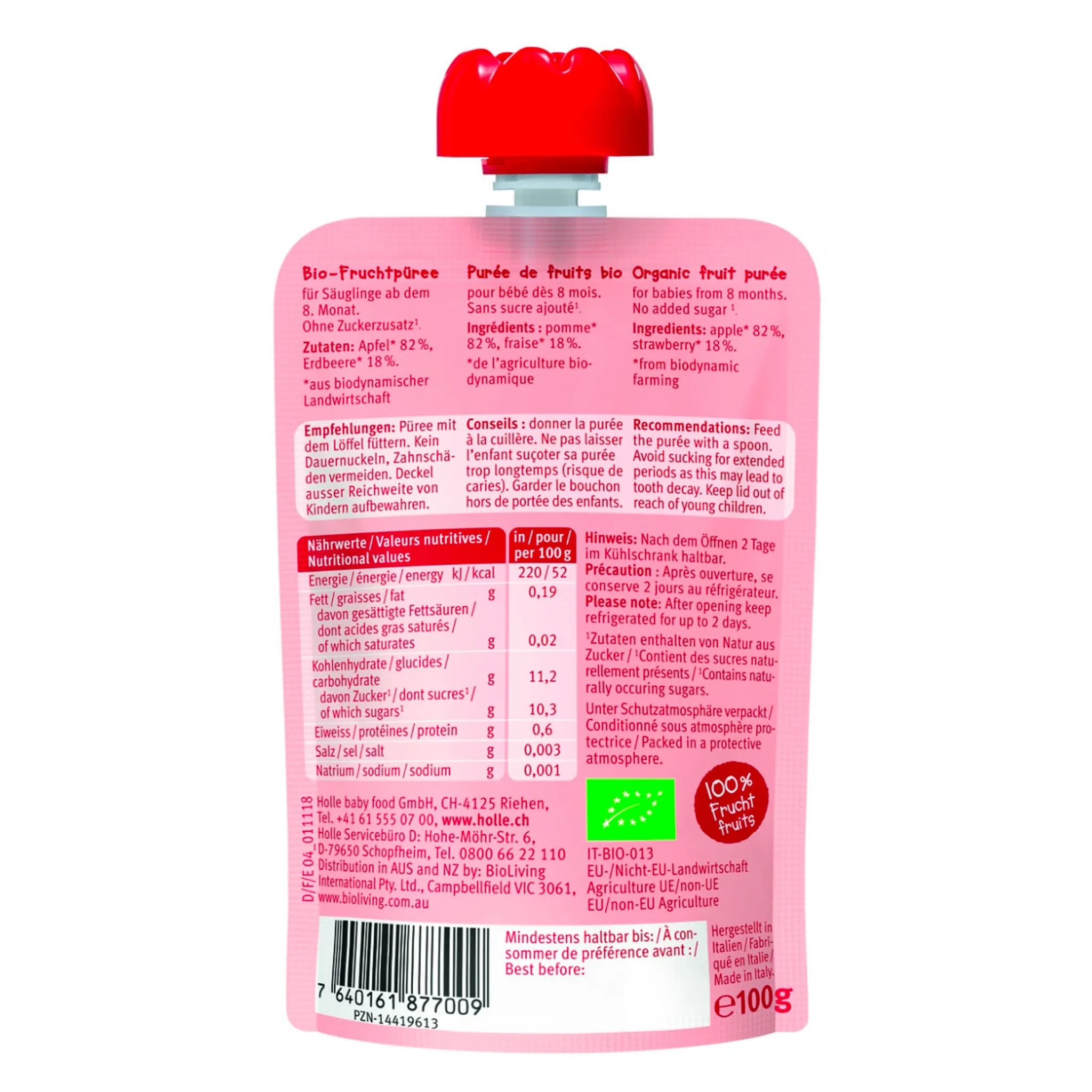 Holle Purée Bio - Red Bee - Pomme avec Fraise (À partir de 8 mois)