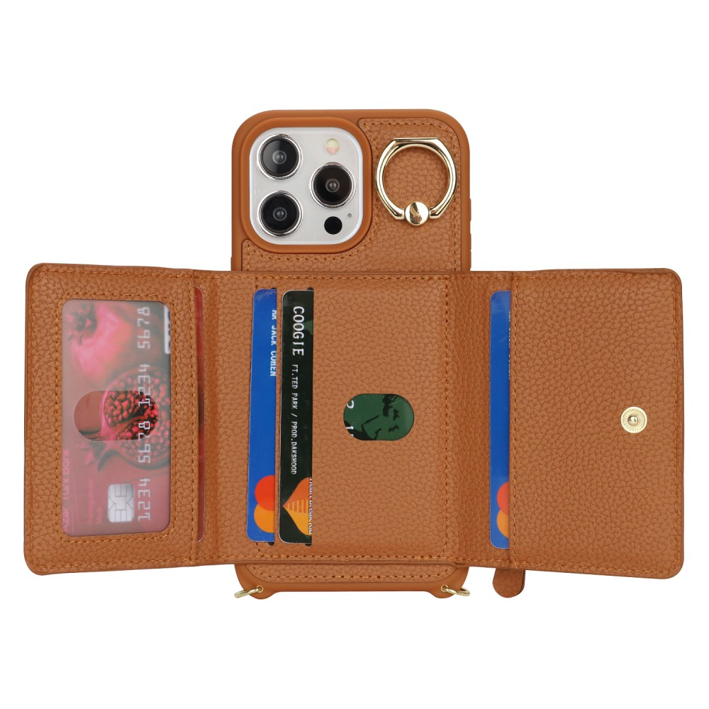 iPhone 14 Pro Max Necklace Leder Hülle mit Münzfach und Kartenfächer   Finger Griff Halterung   Handykette - Braun