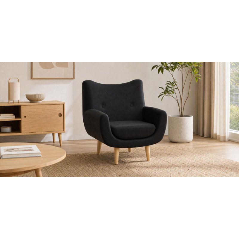 Fauteuil Luze, 1 place, pieds bois, revêtement simili cuir anthracite