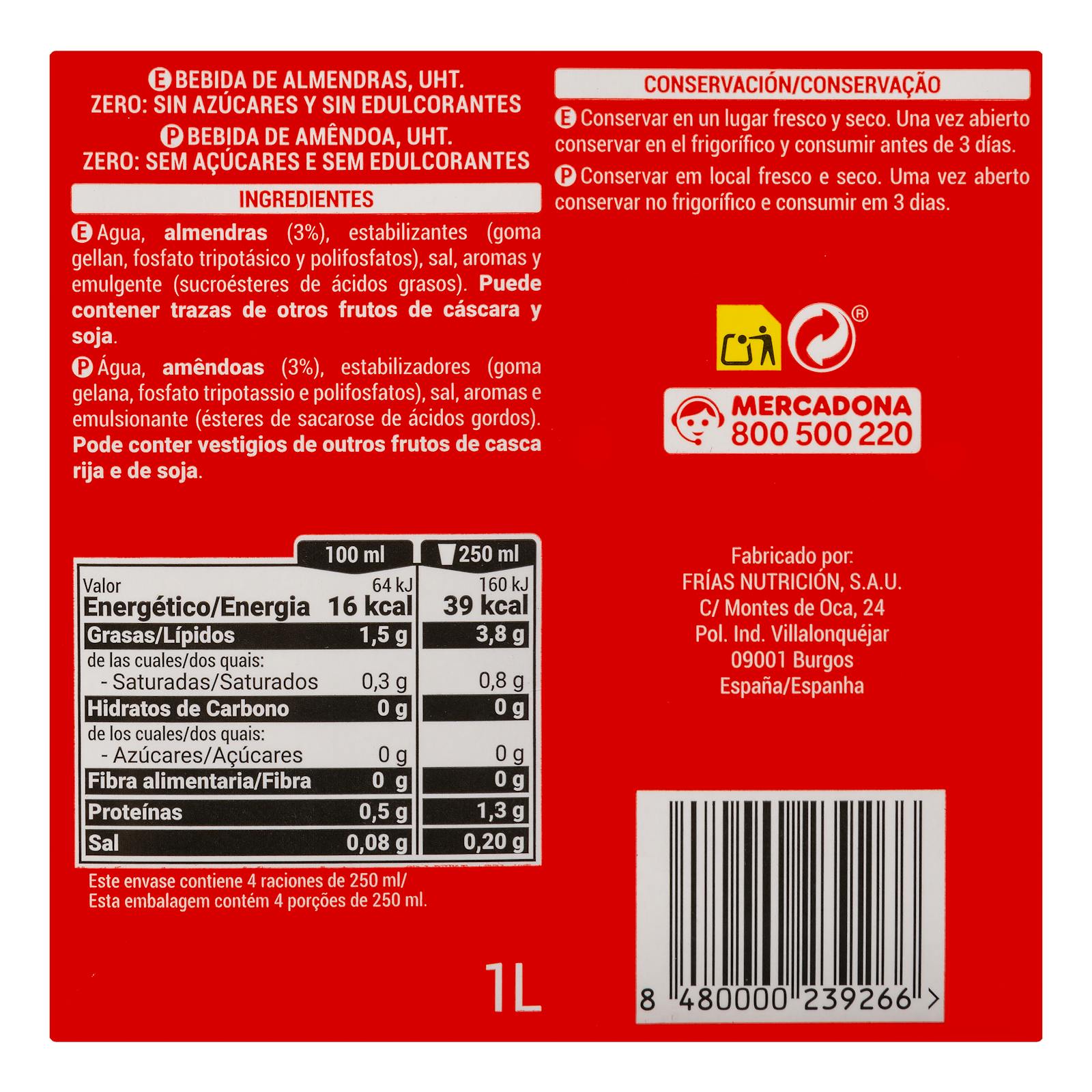 Boisson aux amandes sucrées 0% Hacendado