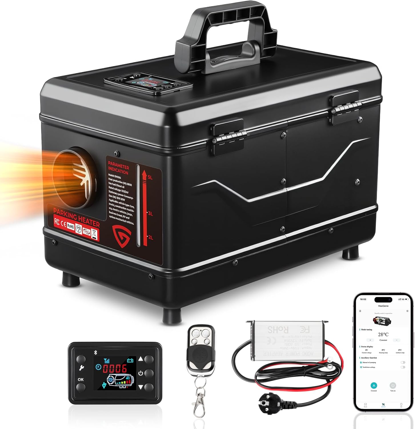Dieselheizung 12V/24V 8 kW, All-in-One 5L Diesel Standheizung mit Bluetooth APP Fernbedienung und LCD Bildschirm, geeignet für Zuhause, Werkstatt, Garage, Wohnmobil, LKW, RV, Schwarz