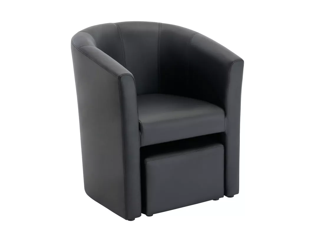 Fauteuil cabriolet et pouf en simili noir JOVANA