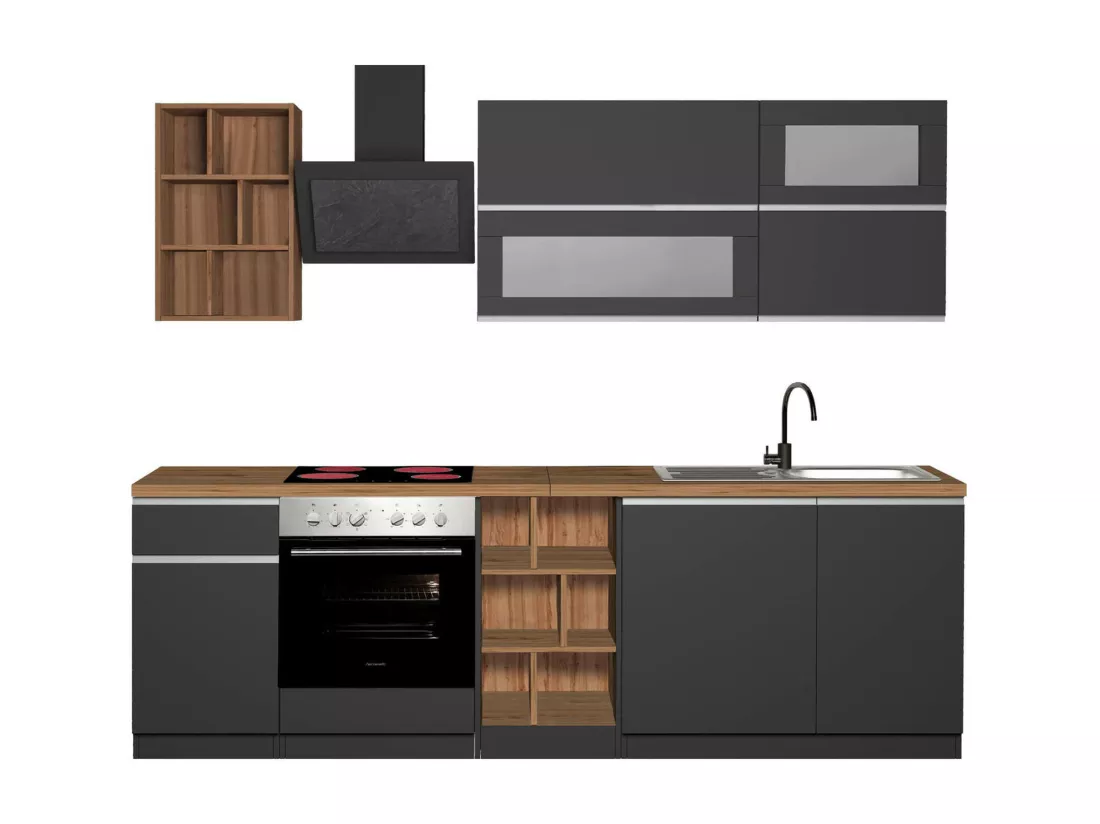 Cuisine complète Dcastill, Ensemble avec garde-manger, Meuble de kitchenette, Kit bloc linéaire, 100% Made in Italy, 255x60h85 cm, Anthracite et Chêne