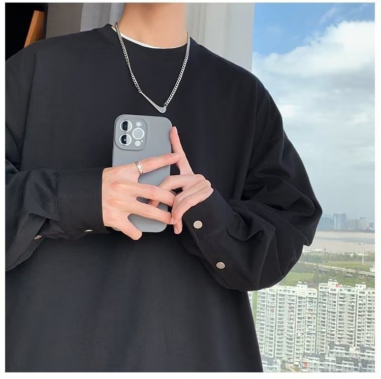 Diphon - T-shirt met lange mouwen, ronde hals en effen oversized print